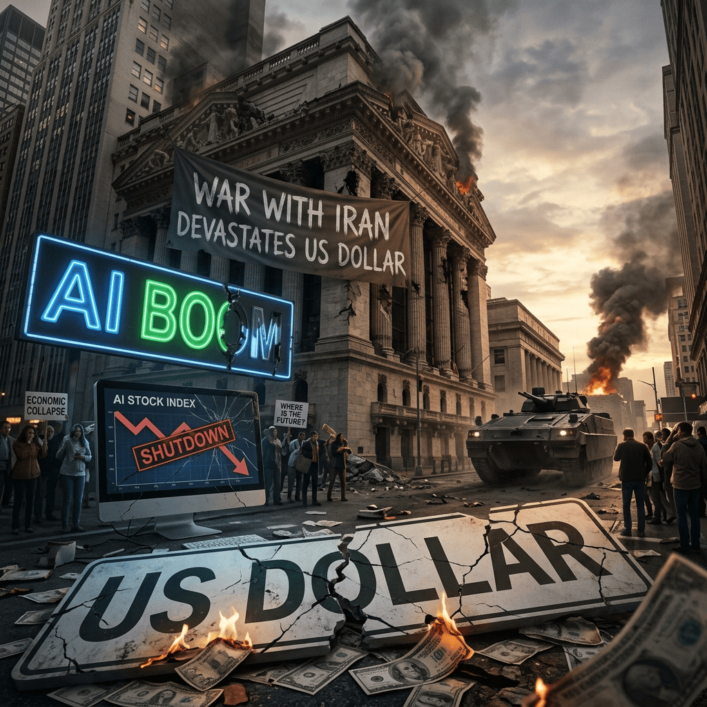 Protesters near burning building with signs about war impact on US dollar and AI stock shutdown